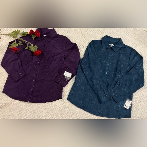 Croft and Barrow Size M Long Sleeve Button Front Blouse Blue - Purple Lot 2 New - Picture 1 of 13